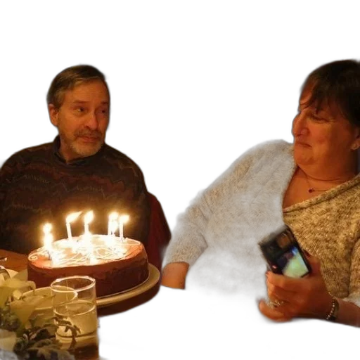 fire, man, woman, sit, table, cake, candles transparent PNG cut-out