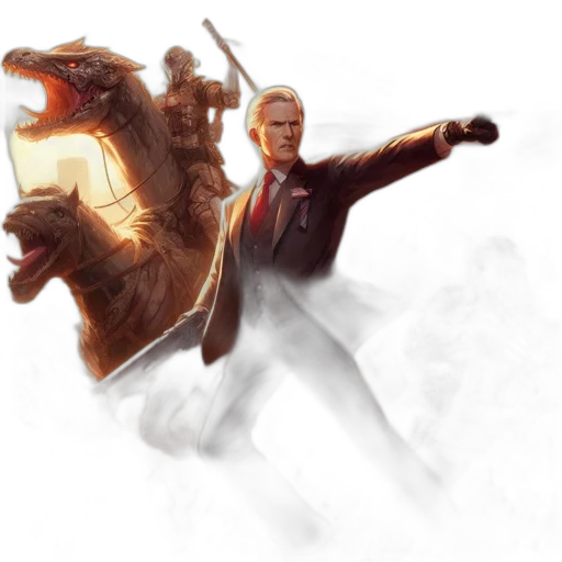 dragon, concept art, fantasy art, photorealistic, pixel art, man, suit, holds transparent PNG cut-out