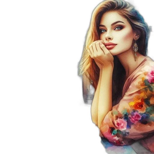 dress, flower, face, jewelry, photorealistic, oil painting, watercolor, fantasy art transparent PNG cut-out