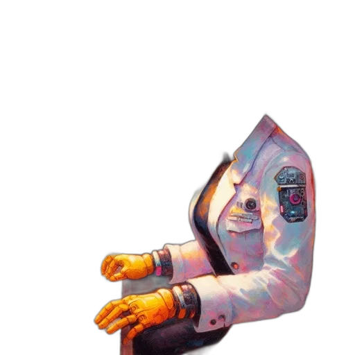 robot, jacket, staff, mask, concept art, 3d render, vaporwave, pixel art transparent PNG cut-out