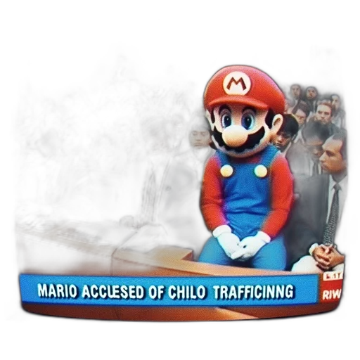 weapon, 3d render, concept art, satirical, courtroom, scene, featuring, mario transparent PNG cut-out
