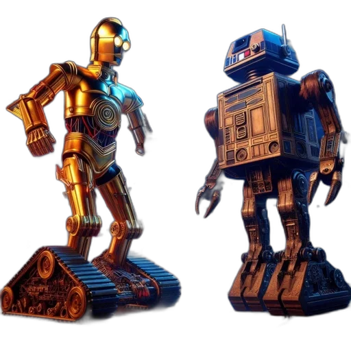 robot, 3d render, concept art, blue, two, famous, star, wars transparent PNG cut-out