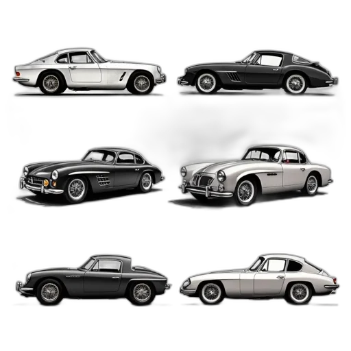 car, photorealistic, concept art, 3d render, monochrome, dark, collection, six transparent PNG cut-out