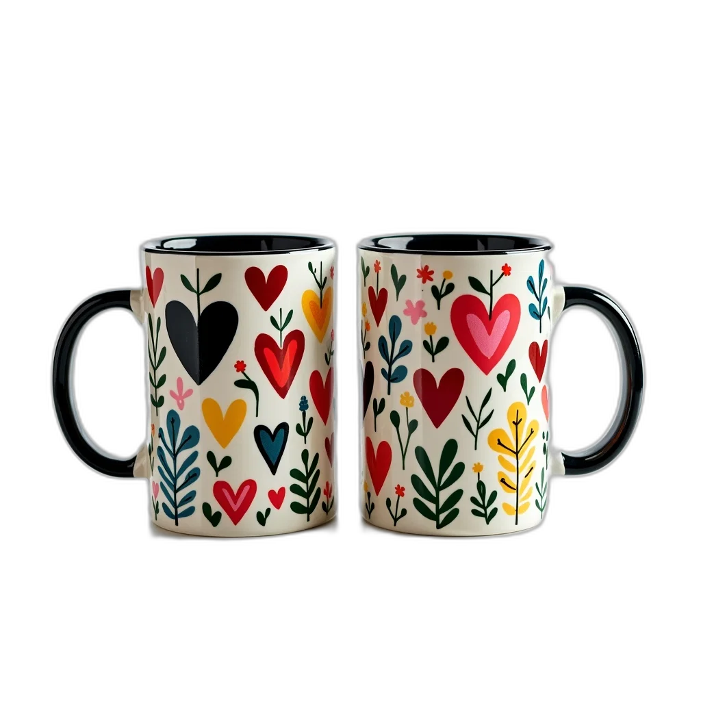 3d render, photorealistic, set, two, colorful, coffee, mugs, whimsical transparent PNG cut-out