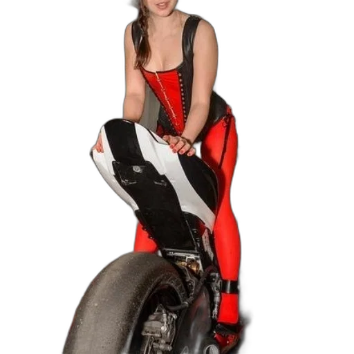 dress, weapon, woman, red, black, bodysuit, poses, motorcycle transparent PNG cut-out