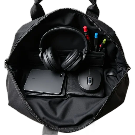 3d render, cyberpunk, black, laptop, bag, open, revealing, contents transparent PNG cut-out