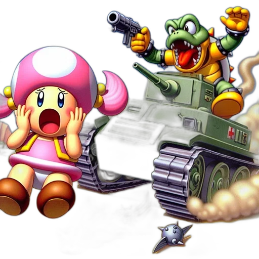 weapon, concept art, pixel art, mario, universe, distressed, toadette, battles transparent PNG cut-out