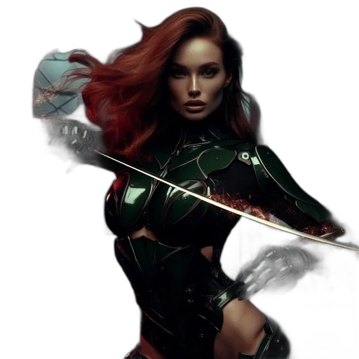 weapon, comic book art, concept art, fantasy art, photorealistic, green, woman, fiery transparent PNG cut-out