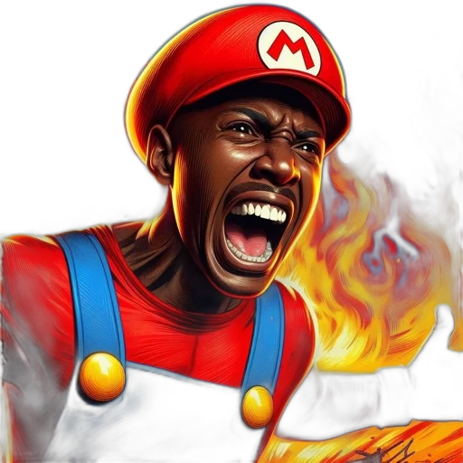 face, concept art, comic book art, fantasy art, photorealistic, fire, mario, recognizable transparent PNG cut-out
