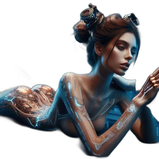 jewelry, dress, robot, hair, fantasy art, concept art, cyberpunk, photorealistic transparent PNG cut-out