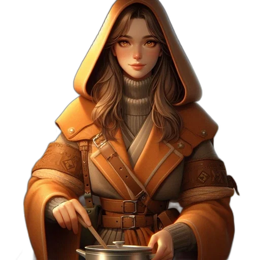jacket, staff, fantasy art, concept art, pixel art, oil painting, golden, earth tones transparent PNG cut-out