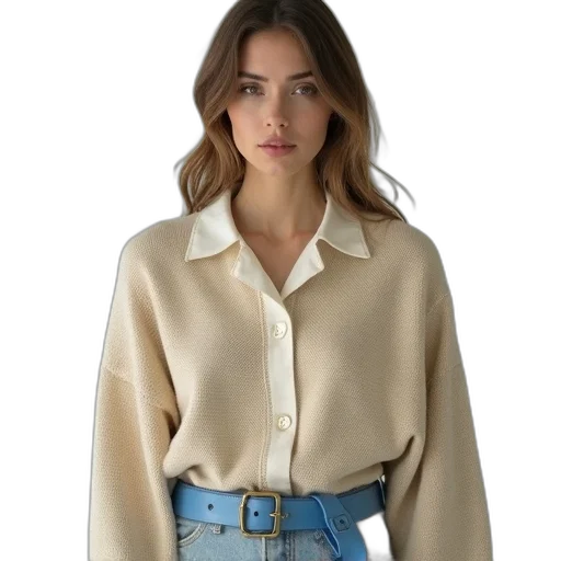 jacket, earth tones, pastel, blue, woman, wearing, beige, sweater transparent PNG cut-out