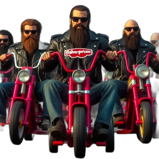 concept art, 3d render, cartoon, comic book art, men, ride, small, bicycles transparent PNG cut-out