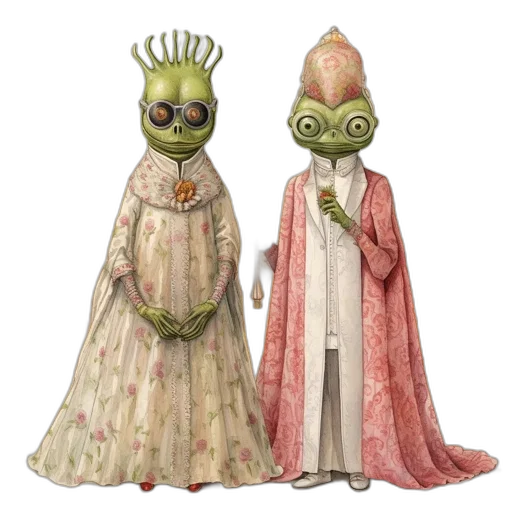 dress, concept art, 3d render, outer space, two, anthropomorphic, aliens, one transparent PNG cut-out