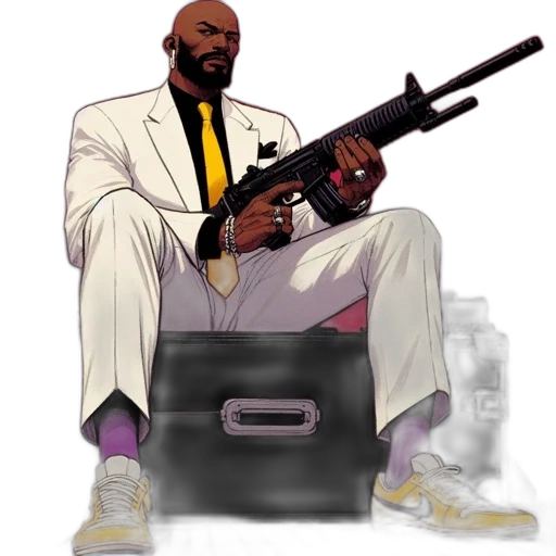 weapon, jacket, concept art, cyberpunk, cartoon, pixel art, man, white transparent PNG cut-out