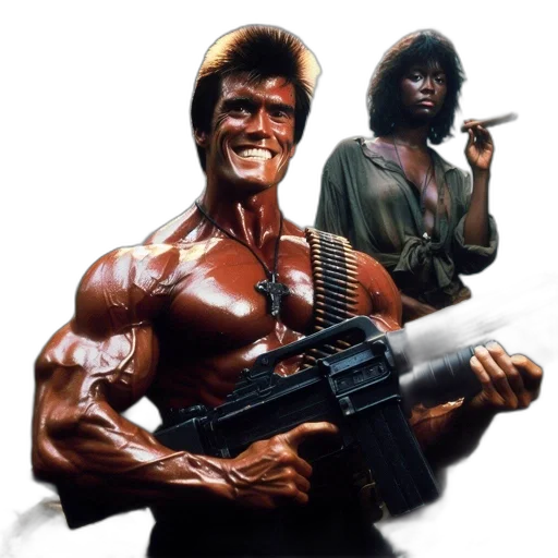 weapon, concept art, comic book art, two, individuals, stand, amidst, dense transparent PNG cut-out