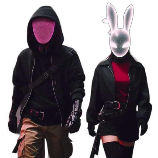 jacket, mask, cyberpunk, concept art, 3d render, pixel art, dark, red transparent PNG cut-out