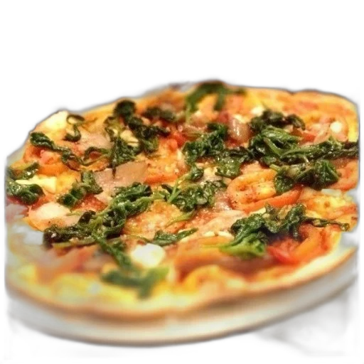 food, 3d render, photorealistic, pizza, spinach, tomatoes, white, plate transparent PNG cut-out