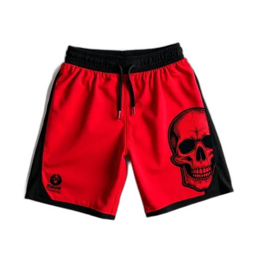 red, pair, shorts, black, accents, waistband, displayed, against transparent PNG cut-out