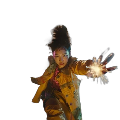 jacket, staff, hair, weapon, concept art, cyberpunk, photorealistic, 3d render transparent PNG cut-out