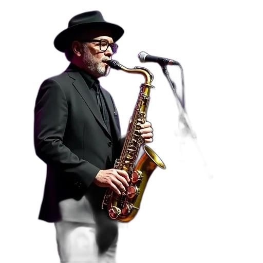 man, black, suit, hat, playing, saxophone, stage, wearing transparent PNG cut-out