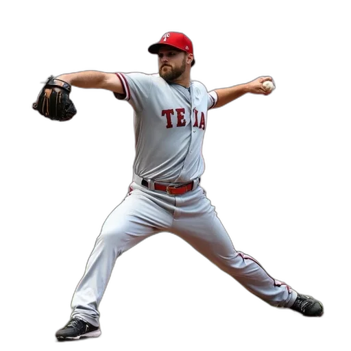 baseball, player, texas, uniform, pitching, ball, field, wearing transparent PNG cut-out