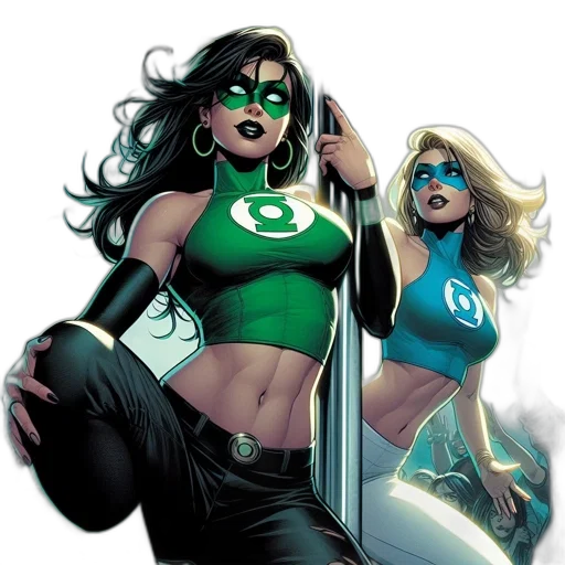 comic book art, concept art, green, two, female, superhero, characters, one transparent PNG cut-out