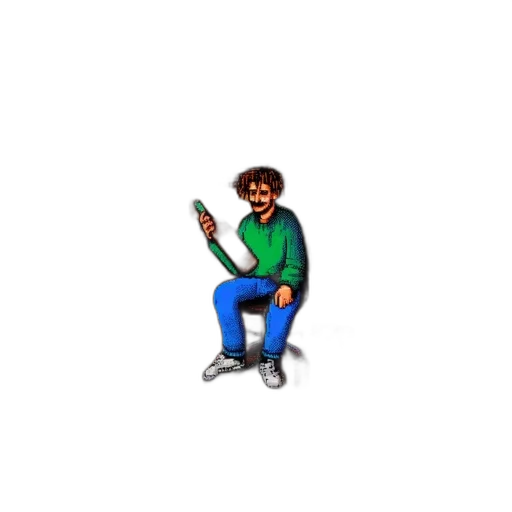 pixel art, wood-paneled, room, artist, character, sits, slumped, drinking transparent PNG cut-out