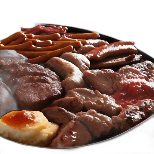 food, 3d render, photorealistic, array, grilled, meats, vegetables, mashed transparent PNG cut-out