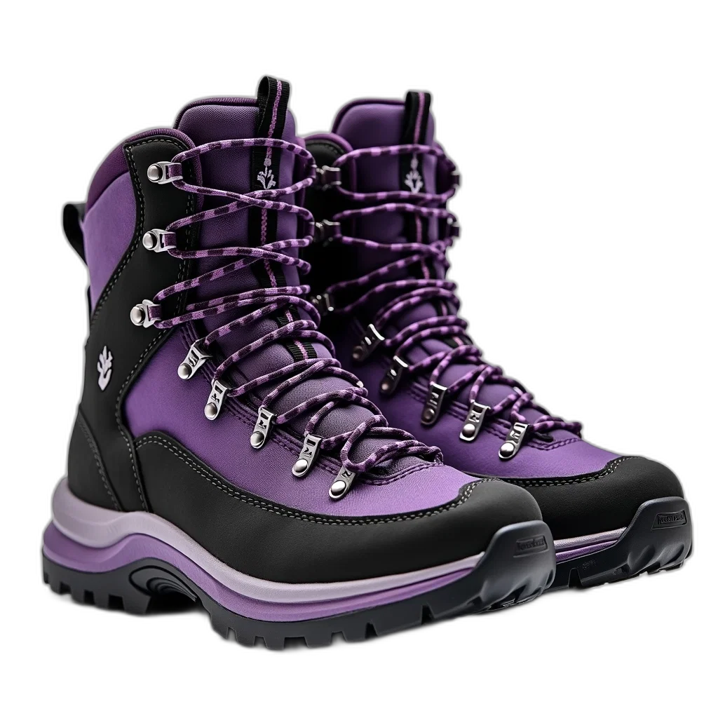 shoes, 3d render, photorealistic, vaporwave, pair, hiking, boots, purple transparent PNG cut-out