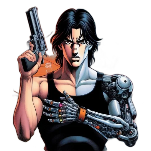 weapon, robot, comic book art, cyberpunk, concept art, cartoon, two, contrasting transparent PNG cut-out