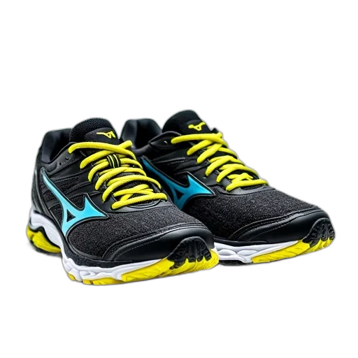 shoes, 3d render, pair, black, yellow, running, blue, white transparent PNG cut-out