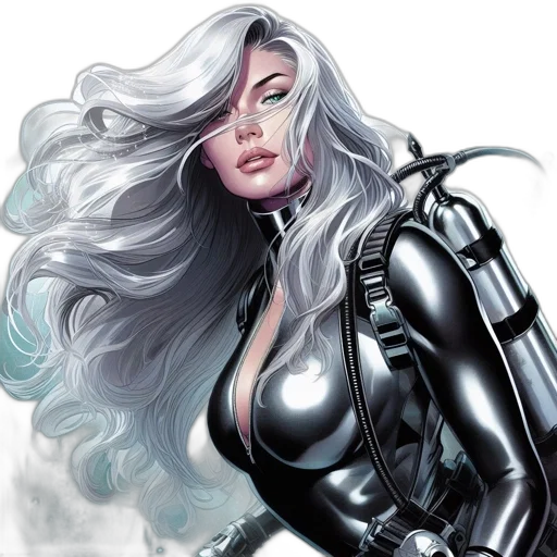 comic book art, concept art, fantasy art, cyberpunk, woman, silver, hair, vibrant transparent PNG cut-out