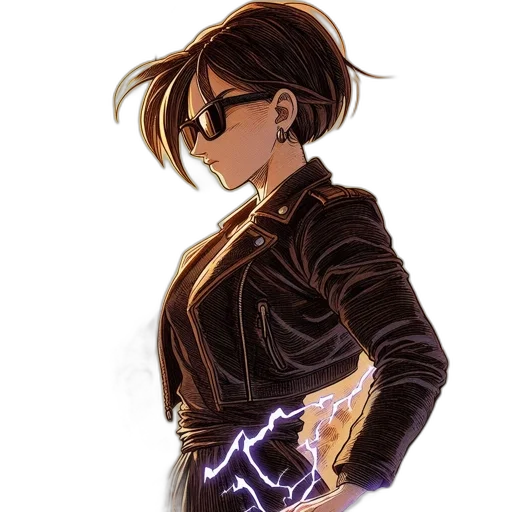 jacket, staff, comic book art, cyberpunk, concept art, cartoon, neon lights, dark transparent PNG cut-out