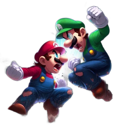 concept art, 3d render, pixel art, action-packed, scene, mario, red, luigi transparent PNG cut-out