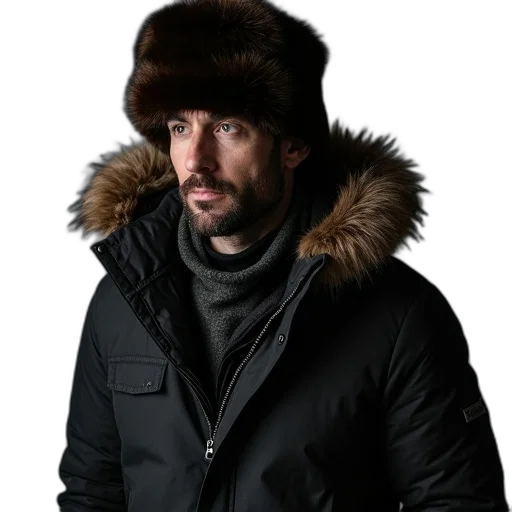 jacket, hat, staff, photorealistic, man, wearing, dark, fur-lined transparent PNG cut-out