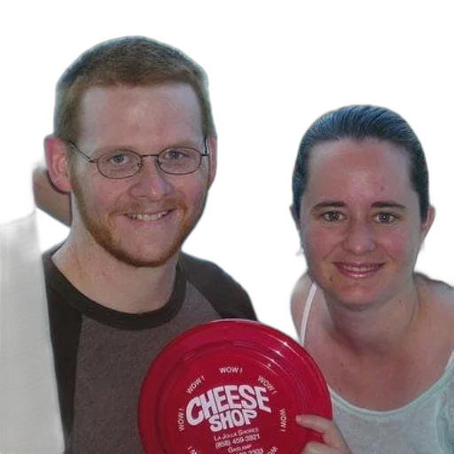 man, woman, pose, red, frisbee, says, cheese, shop transparent PNG cut-out