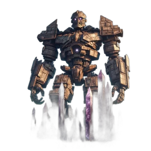 robot, weapon, concept art, fantasy art, cyberpunk, pixel art, earth tones, golden transparent PNG cut-out