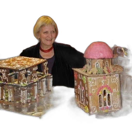 3d render, city street, woman, stands, behind, table, two, gingerbread transparent PNG cut-out