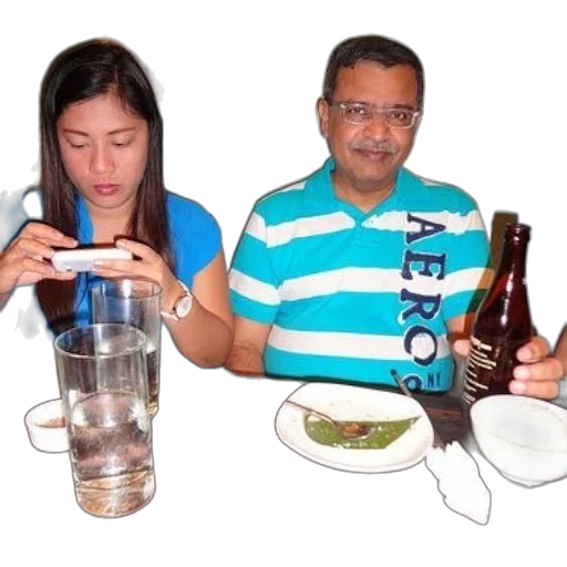 food, man, aeros, shirt, sits, table, woman, who transparent PNG cut-out