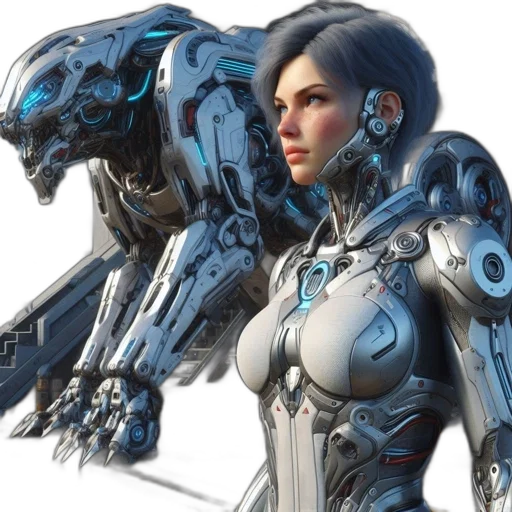 robot, weapon, concept art, cyberpunk, 3d render, fantasy art, woman, silver transparent PNG cut-out