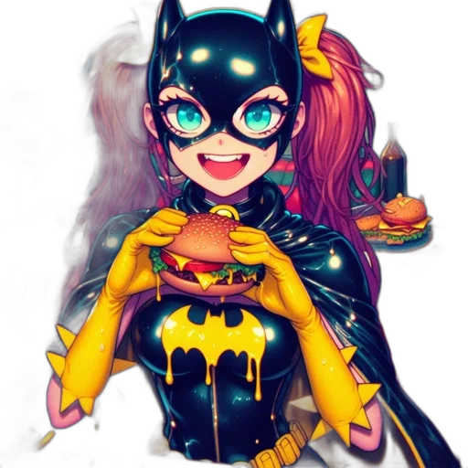 comic book art, concept art, cartoon, fantasy art, batgirl-like, character, enjoys, burger transparent PNG cut-out