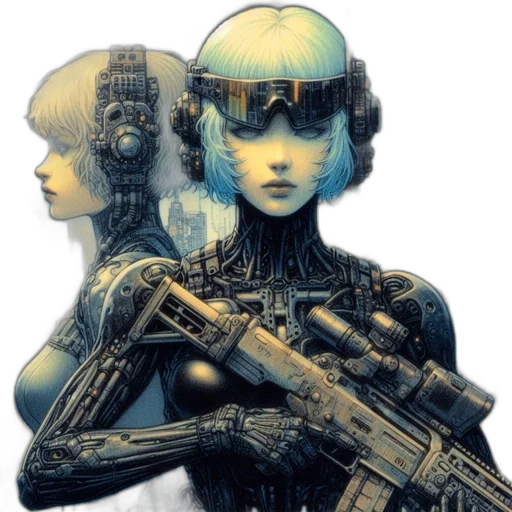 robot, weapon, cyberpunk, concept art, comic book art, pixel art, outer space, blue transparent PNG cut-out
