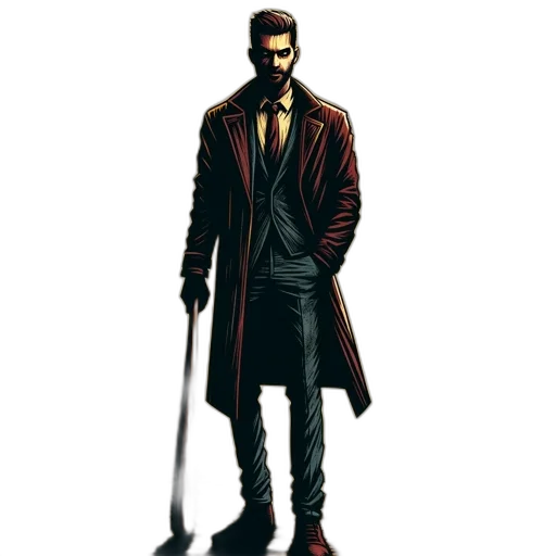 jacket, staff, weapon, concept art, comic book art, pixel art, cyberpunk, dark transparent PNG cut-out