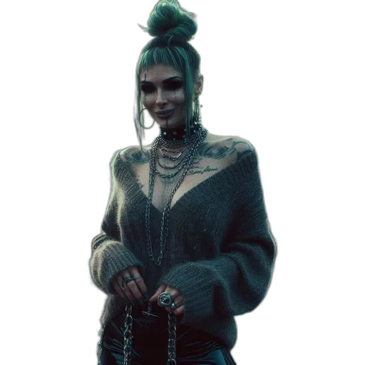 jacket, hair, crown, jewelry, cyberpunk, concept art, 3d render, fantasy art transparent PNG cut-out