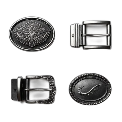 jewelry, monochrome, collection, four, metallic, belt, buckles, displayed transparent PNG cut-out