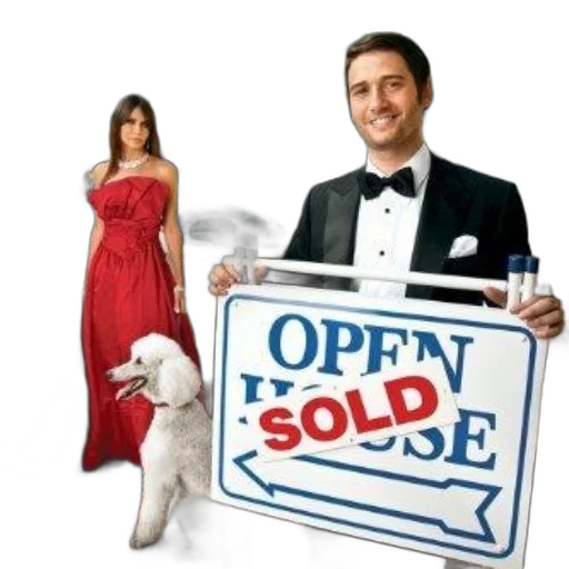 man, tuxedo, holds, open, house, sold, sign, woman transparent PNG cut-out