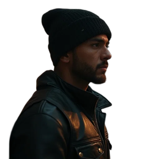 jacket, hat, face, staff transparent PNG cut-out