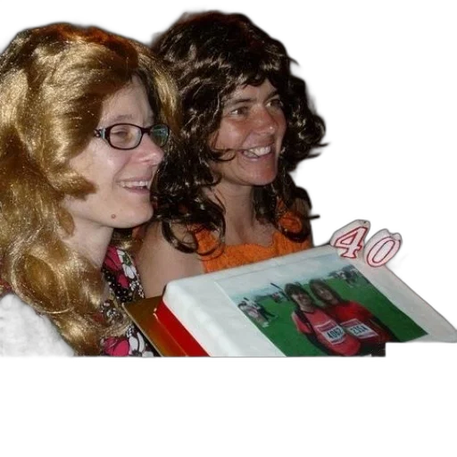 two, women, wigs, hold, cake, picture, themselves transparent PNG cut-out