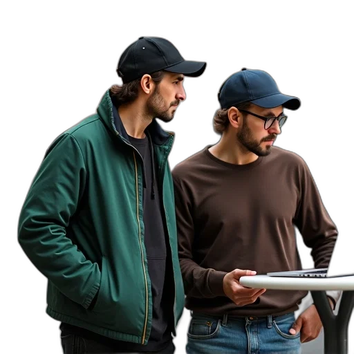 jacket, hat, staff, concept art, 3d render, two, men, standing transparent PNG cut-out